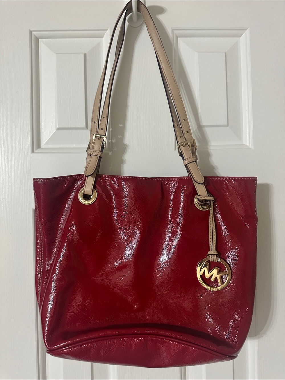 Michael Kors Glossy Red Tote with Beige Straps - Picture 1 of 6
